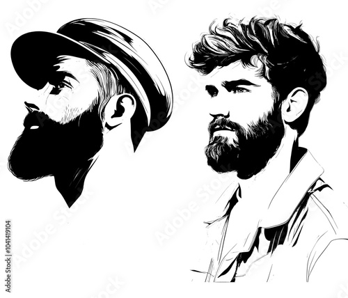 Unshaven retro man with a stylish monochrome haircut icon, surrounded by a brutal handsome guy wears a beard, mustache and barbershop symbol.