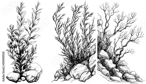 Ink illustration of seaweed and seabed stones. Line art illustration of algae on an isolated background. Outline underwater drawing of ocean floor for a logo or graphic.