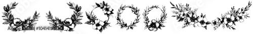 An illustration of hand drawn modern wreaths in round frames with fir and pine branches for the winter season. Preparation for the holiday season.