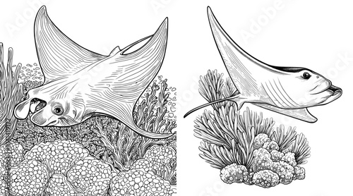 Drawing of Sting Ray with Coral Reefs and Seabed. Modern black and white illustration of Stingray with ocean floor. Line art of Manta with fishes for undersea design.