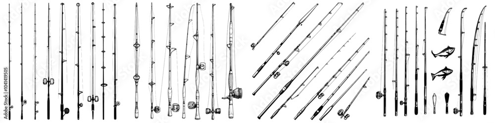 An icon set of fishing rods. Fishing illustration collection. Fish symbol or logo. An icon set of fishing rods. Fishing illustration collection. Fish symbol or logo.