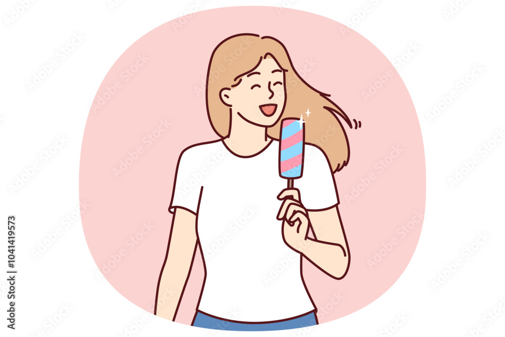 Φωτογραφία Woman eats ice cream to cool off in hot summer weather and enjoy cold sweet dessert