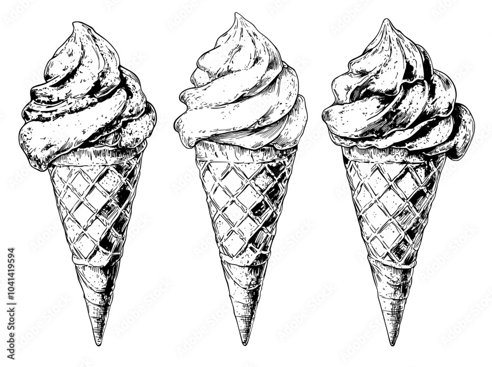 Vintage illustration element of hand-drawn colored and monochrome sketches of waffle cones filled with ice cream or cups filled with ice cream layered on top. Ideal for use on labels, packaging, and