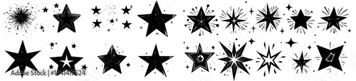 A pure white background is isolated with black silhouettes glitter and stars. Doodle composition with stars and glitter.