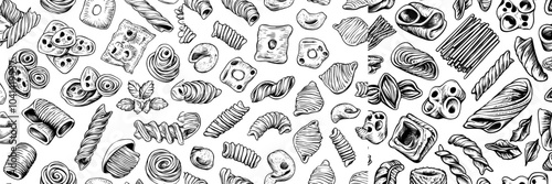 An illustration of penne ravioli spiral in Italian cuisine. Seamless pattern isolated on white. For a menu, food shop package, flyer, or print.
