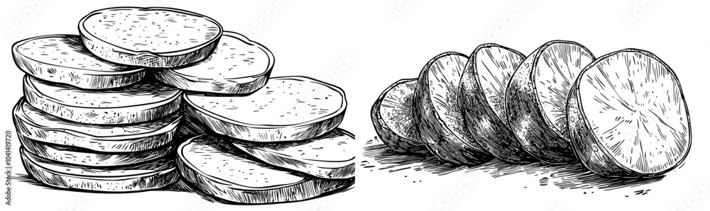 Obraz premium Modern black and white illustration of sliced bread for breakfast toasts, rustic food, French cuisine, and casual picnic food sketches for Shavuot