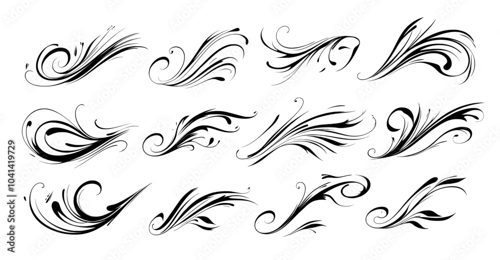 Fototapeta premium Designed as an abstract freeform curly doodle lines set, squiggly brush stroke shapes collection suitable for party celebration decor, design elements.
