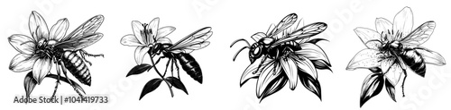 An engraving style monochromatic bee on a white background with flowers