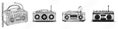 A retro tape player for music cassette broadcasting with a monochrome line and groovy icon from the year 2000