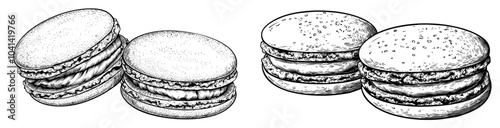 Black and white illustration featuring macaroon cookies for cafe or bakery menus