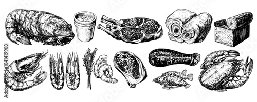 Vintage illustration. Engraved image of various types of meat, including steaks, shrimp, chicken, and grilled vegetables.