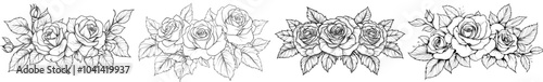 Roses and leaves bouquet in black and white line art
