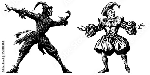 Black and white illustration of a dancing medieval jester. Vintage engraving with a modern interpretation. Logo, emblem, woodcut.