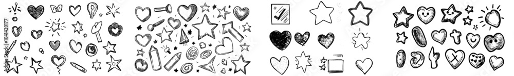 Doodles, charcoal arrows, stars, hearts, and hand drawn circles. Brush strokes with grainy effects. Marker sketches. Rough scribbles. Modern illustrations. Doodles, charcoal arrows, stars, hearts, and hand drawn circles. Brush strokes with grainy effects. Marker sketches. Rough scribbles. Modern illustrations.