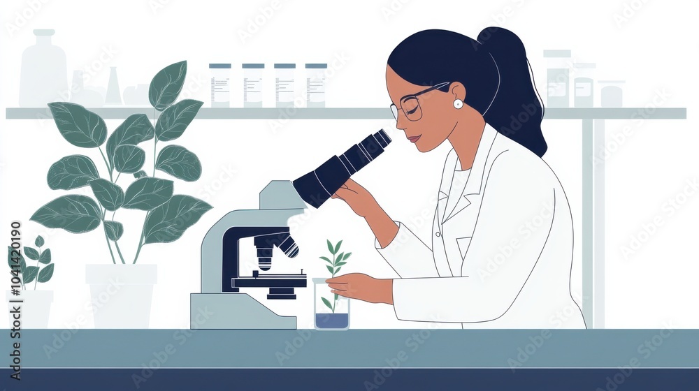 Female Scientist Examining Plant in Laboratory Setting Female Scientist Examining Plant in Laboratory Setting