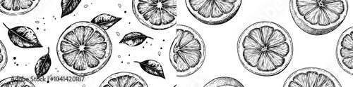 The modern black and white repeat background has an etching lemon piece in sketch style.