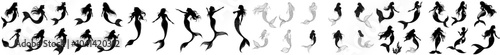 There is an elegant mermaid in various poses and expressions. Perfect for tattoos, coloring books, fantasy mermaid illustrations. Showcases elegance, aquatic mythical creatures.