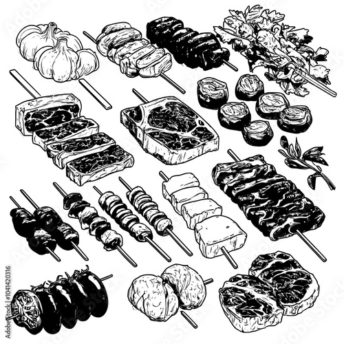 Vintage illustrations of different types of meat including steak, chicken, kebabs, bacon, tenderloin, pork, beef, ham, barbecue.