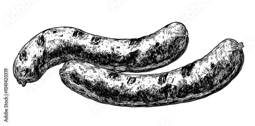 Colorful and monochrome modern sketch of barbecued sausage. Ideal for menus of cafes and labels. Engraved.