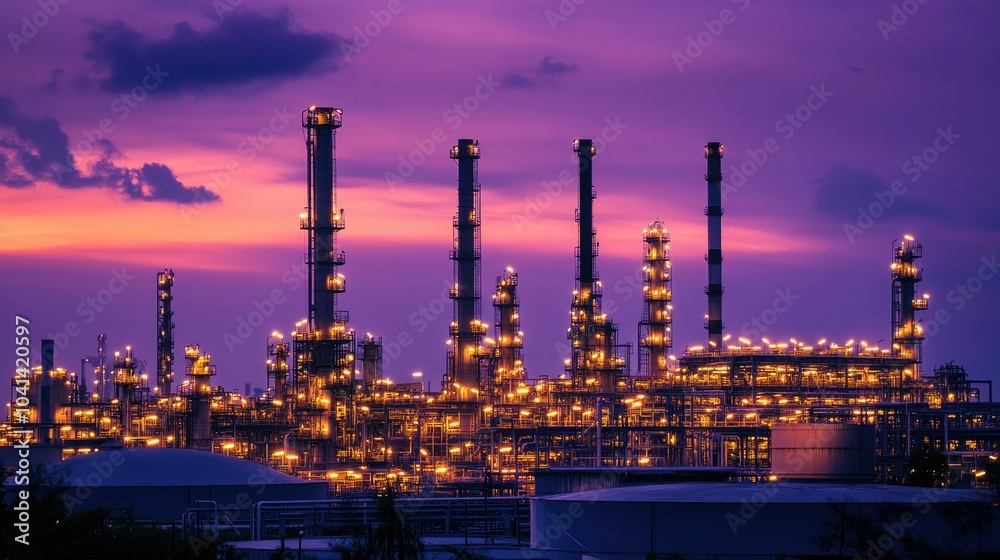 A vast oil refinery illuminated by golden lights at dusk, with a deep purple sky providing a striking contrast to the industrial silhouette. A vast oil refinery illuminated by golden lights at dusk, with a deep purple sky providing a striking contrast to the industrial silhouette.