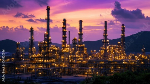 A vast oil refinery illuminated by golden lights at dusk, with a deep purple sky providing a striking contrast to the industrial silhouette.