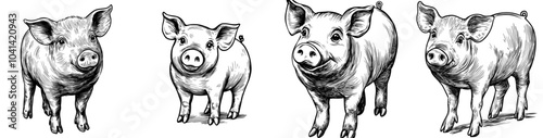 Monochrome illustration of a pig drawn by hand.
