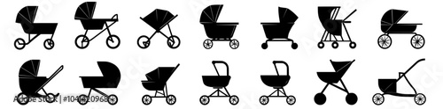 The baby carriage icon modern set. Stroller illustration sign collection. Baby symbol.