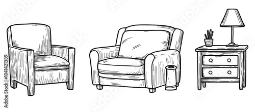 Hand drawn black ink sketch of elegant vintage furniture and home interior decorations isolated on transparent background. Monochrome modern illustration.