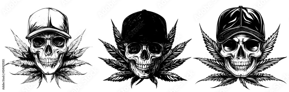 Fototapeta premium Illustration of a monochrome skull with a hat and a leaf of marijuana on it