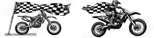 Modern design illustration logo of motocross sport with flag race in monochrome