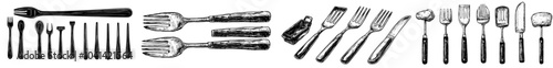 A doodle vintage illustration of retro-style barbecue tools, illustrated in color and monochrome. Engraved.