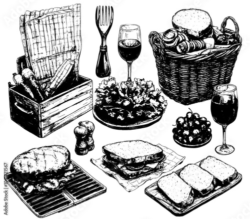 Colored and monochrome sketches of barbecue and picnic elements. For concepts of restaurant and cafe menus, grilled food elements. Vintage illustration. Engraved image.