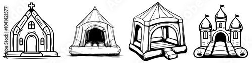 The image shows a bouncy children's playground with a trampoline park in the shape of a medieval castle. The drawing is simple and minimalistic, created in black ink on transparent background with a