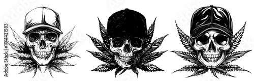 Illustration of a monochrome skull with a hat and a leaf of marijuana on it