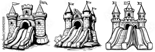 An amusement park bouncy castle with a slide. Simple minimalistic modern illustration in black ink on transparent background.