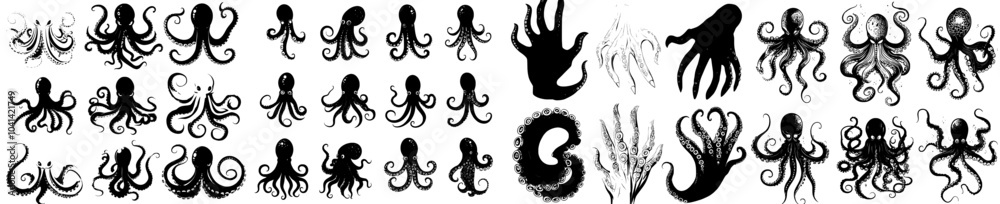 Fototapeta premium The tentacles of a Black Octopus. The tentacles of a Kraken Octopus. The body parts of a squid. Monochromatic ocean animal details. Cartoon icons, neoteric icons of the modern era.