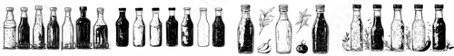 The illustration depicts ketchup, mayonnaise and mustard bottles in color and monochrome, on a white background.