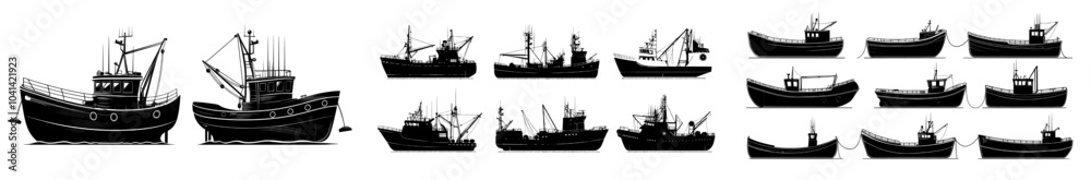 Obraz premium The silhouettes of vintage steamboats are isolated on white in a modern style..