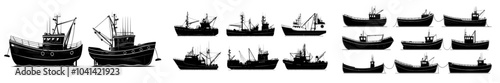 The silhouettes of vintage steamboats are isolated on white in a modern style..