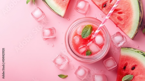 Refreshing summer beverage idea featuring watermelon slices ice cubes and smoothies in a mason jar against a stylish pink backdrop Creative arrangement from a top down perspective