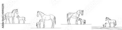 Detailed drawing of a horse and foal with continuous black lines standing next to each other, close, doodled, on a white background