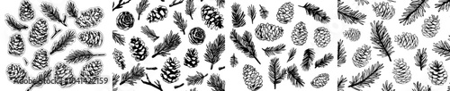 The modern illustration consists of fir cones, pine cones, spruce and pine branches in the shape of a fir tree, nature elements like fir cones, pine cones, spruce and pine branches.