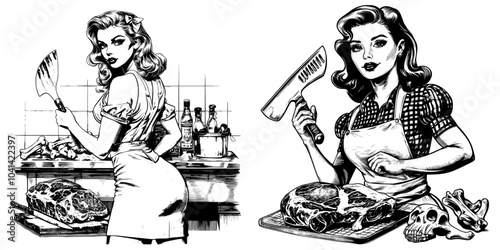 In black and white, a retro pin-up girl is dressed as a butcher