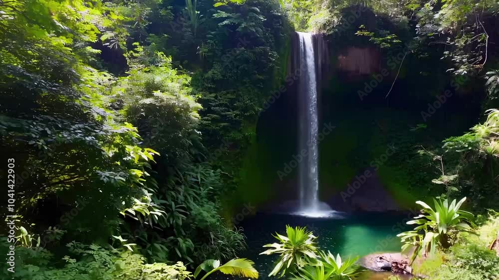  A stunning aerial view of a tall waterfall cascading into a turquoise pool in a dense tropical forest.