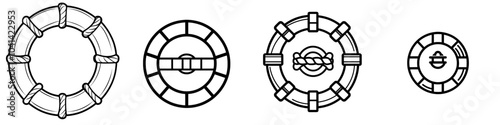 Linear drawing of a round life preserver. Etching of the Ring of Safety in the Sea. Nautical black line art with rope.