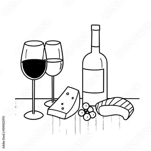 Drawing of cheese, wine and olives in an outdoor setting, illustrating a picnic invitation, a dinner outside.