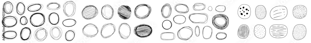 Set of hand drawn ellipse frames. Collection of oval borders in doodle style. Pencil drawing circle borders. Modern illustration. Black line art. Set of hand drawn ellipse frames. Collection of oval borders in doodle style. Pencil drawing circle borders. Modern illustration. Black line art.