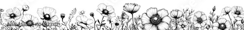 The background of this hand drawn modern illustration is transparent and adorned with cosmopolitan flowers and herbs. This is an isolated illustration in a monochrome ink sketch style.
