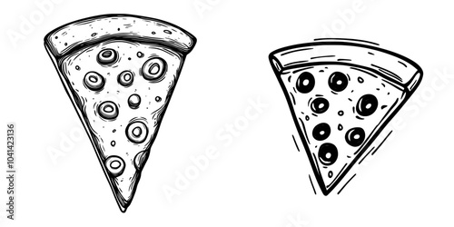 This cute pizza icon features a hand drawn monochrome illustration of a slice of Italian pizza.