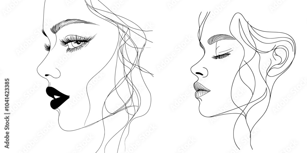 Female silhouette in modern style on white background. Elegant and detailed line drawing suitable for graphic design, fashion sketches, and artistic purposes. Female silhouette in modern style on white background. Elegant and detailed line drawing suitable for graphic design, fashion sketches, and artistic purposes.